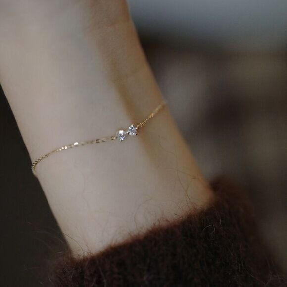 Sterling Silver Gold CZ Bow Zircon Bracelet Coquette Minimalist Gold Bracelet - Picture 2 of 5